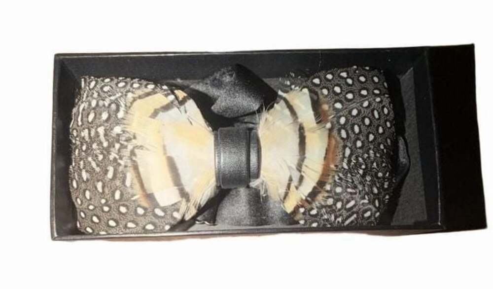 Handmade Natural Bird Feather Bow Tie with Black Satin Strap